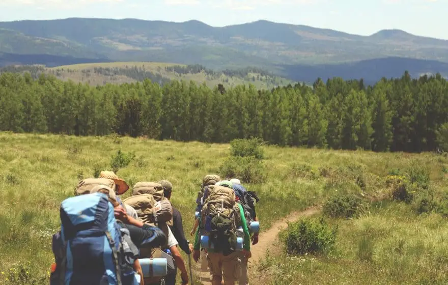 A group of hikers with rucksacks walk along a dirt path through a grassy field, preparing for the Coast to Coast Walk in Britain, with trees and hills in the background under a clear sky.