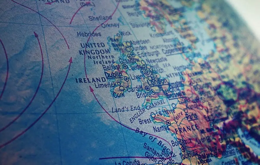 Close-up of a map focused on Britain, Ireland, and parts of France and surrounding regions, with country and city names clearly visible.