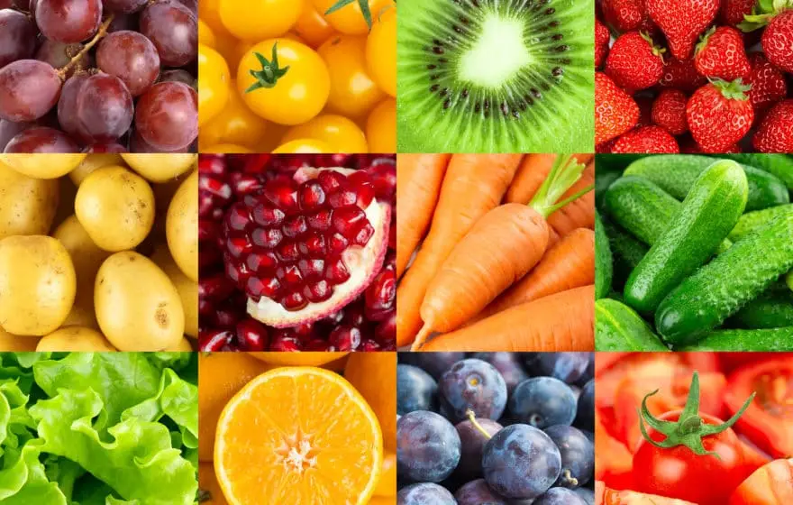 A grid of twelve squares, each showing a different fruit or vegetable—like grapes, tomatoes, kiwi, and carrots—highlighting the benefits these foods offer for maintaining a strong immune system.