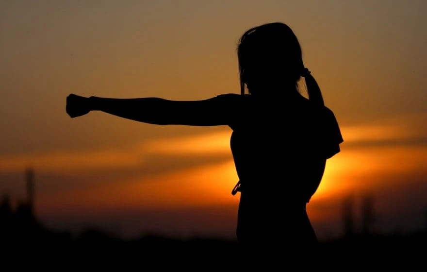 Silhouette of a person with one arm extended in a fist, standing outdoors at sunset, embracing the power of nature.