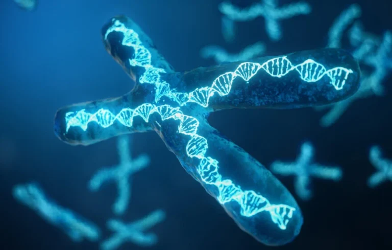 A digital illustration of a chromosome with a highlighted DNA double helix structure, set against a blue background with additional chromosomes in the distance, emphasises the role of telomere testing in understanding health.