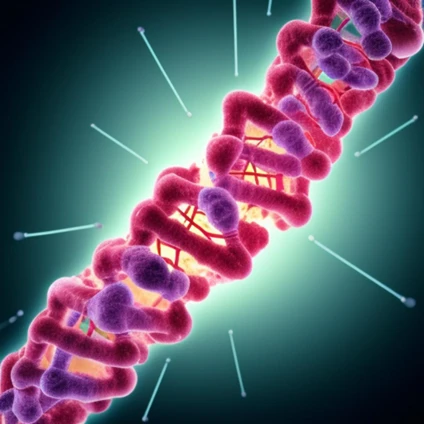 A close-up, digitally rendered image of a DNA double helix structure with a glowing background and radiating lines, highlighting the genetic factors behind common types of autoimmune diseases in the UK.