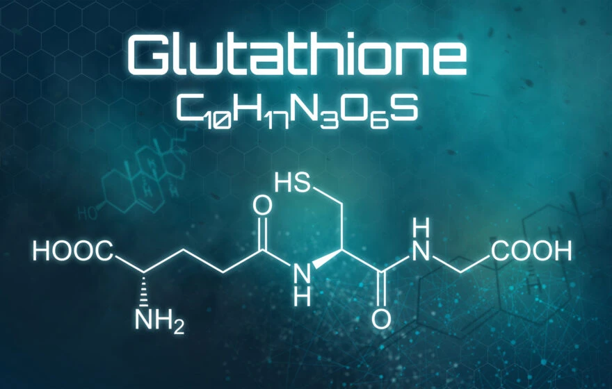 Diagram displaying the chemical structure and formula (C10H17N3O6S) of reduced glutathione on a blue background.