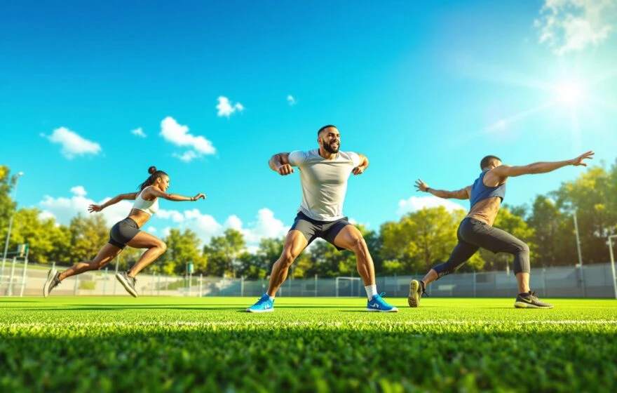 Three people exercise outdoors on a sunny day, performing dynamic movement drills on a grassy field with trees and blue sky in the background, highlighting the potential benefits of glutathione for athletic performance.