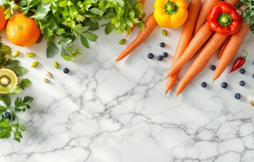 Assorted fresh vegetables and fruit, rich in essential vitamins for boosting your immune system, including carrots, peppers, leafy greens, oranges, kiwi fruit, and blueberries, arranged on a white marble surface.