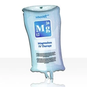 A medical IV bag labelled Mg 24 12 features ivboost branding on top, highlighting Magnesium IV Therapy for wellness and recovery.