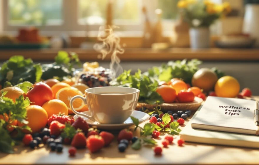 A steaming cup of tea sits on a table surrounded by assorted fresh fruits, leafy greens, and a notebook labelled wellness tea tips—perfect for those looking to increase energy levels naturally in a sunlit kitchen.