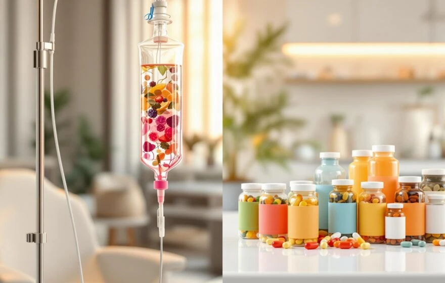 An IV bag filled with colourful fruit and vegetables is shown on the left, while assorted bottles of pills and supplements are arranged on a table on the right, illustrating IV Therapy vs Oral Supplements: Which Works Better.