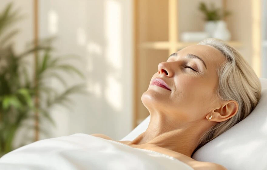 A woman with fair hair lies on her back with eyes closed, appearing relaxed, covered with a white sheet in a bright indoor setting with plants in the background, enjoying the calming effects of ozone therapy benefits.