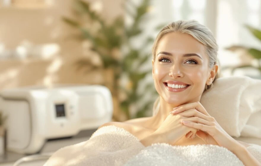 A woman with blonde hair smiles whilst sitting in a spa or clinic setting, wrapped in a towel, with blurred equipment and plants in the background—exploring Ozone Therapy for Anti-Ageing: What to Know.