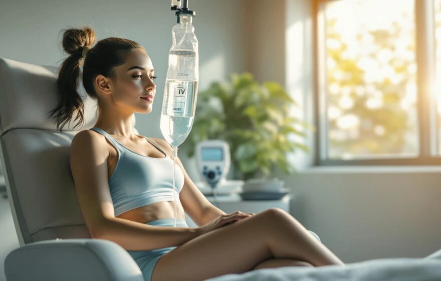 A woman in sportswear sits in a medical chair receiving IV therapy, enjoying sunlight through a window and nearby medical equipment. The scene highlights Ozone Therapy benefits for sports recovery and overall wellbeing.