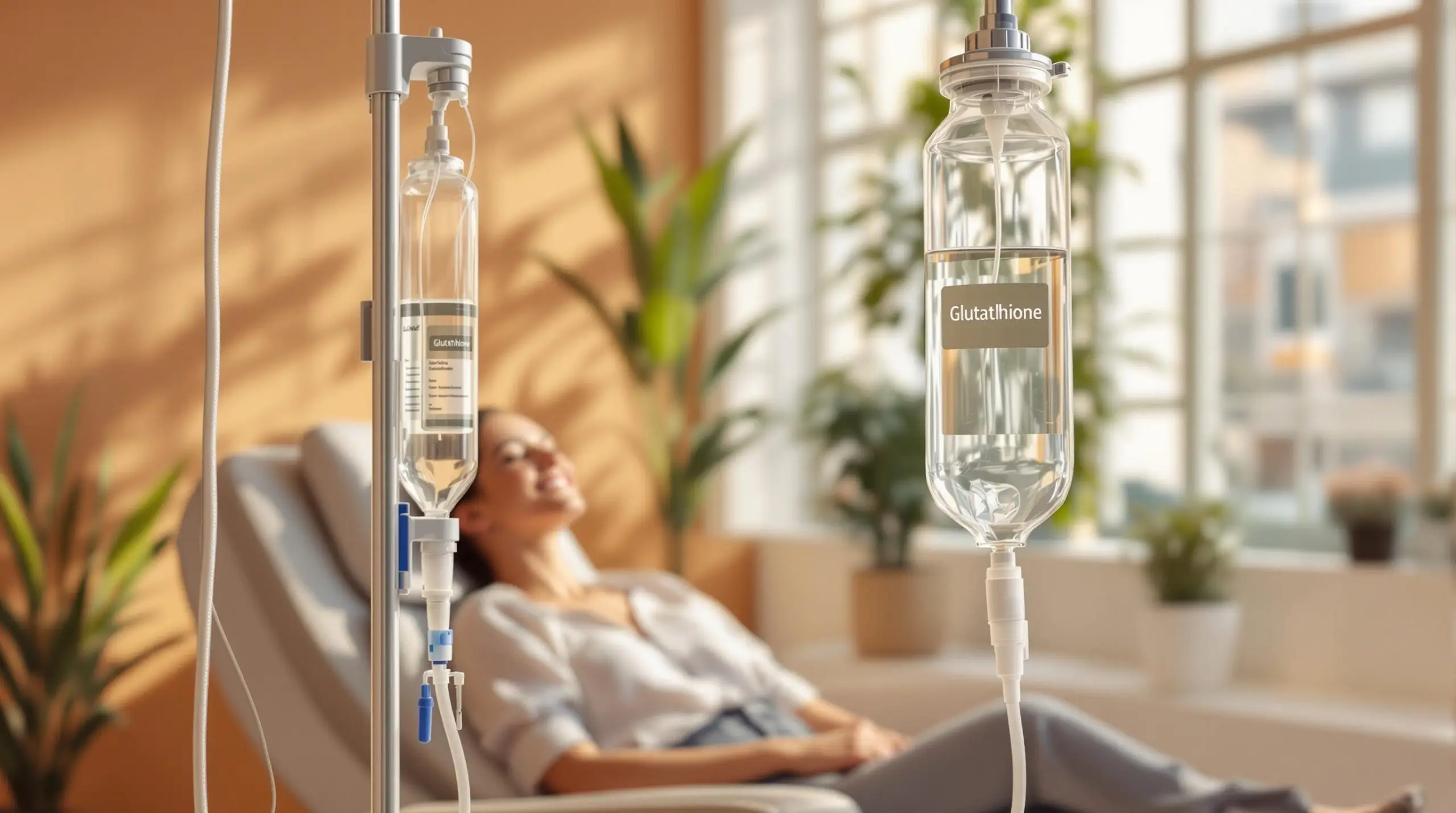 Woman sitting in a bright room receiving Glutathione Drips, with IV bags and medical equipment visible in the foreground.