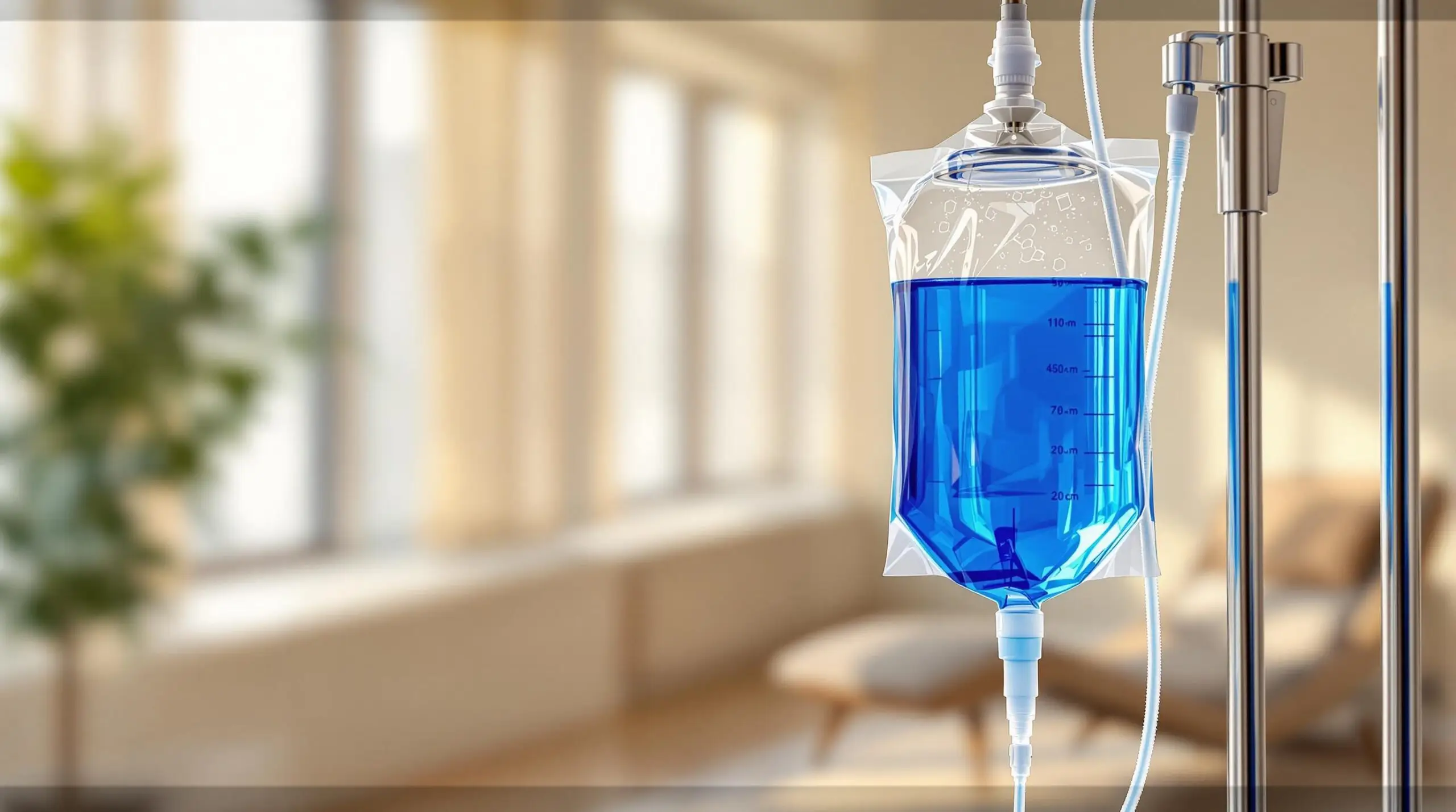 A transparent IV bag filled with blue liquid, showcasing Methylene Blue IV Drips – Benefits, hangs on a metal stand in a room with a blurred sofa and large windows in the background.