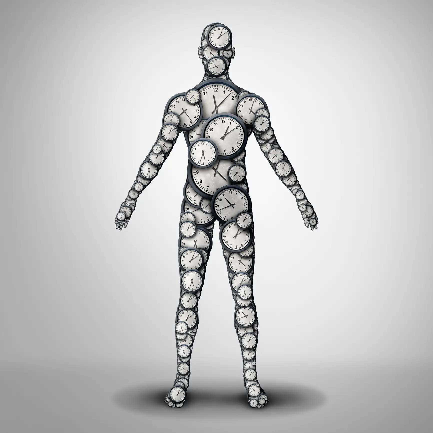 A human silhouette covered in variously sized clock faces, all showing different times, on a plain grey background—an artistic nod to The Secret to Anti-Ageing: How IV Drip Therapy Helps Slow Down the Clock.