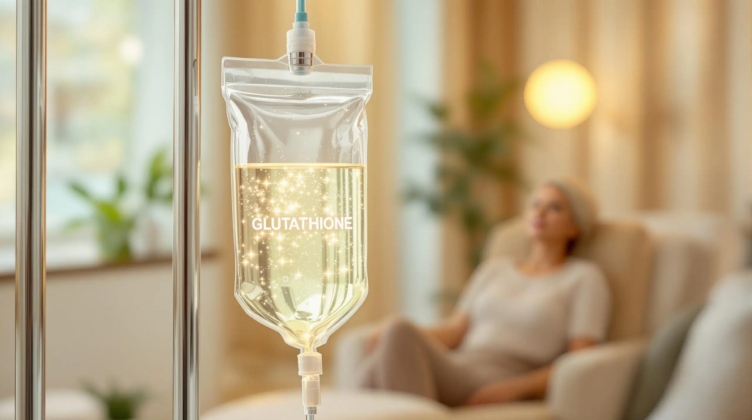 A close-up of a clear IV bag labelled Glutathione with a glowing solution, highlighting the process of Glutathione IV: Before and After, with a person sitting blurred in the background.