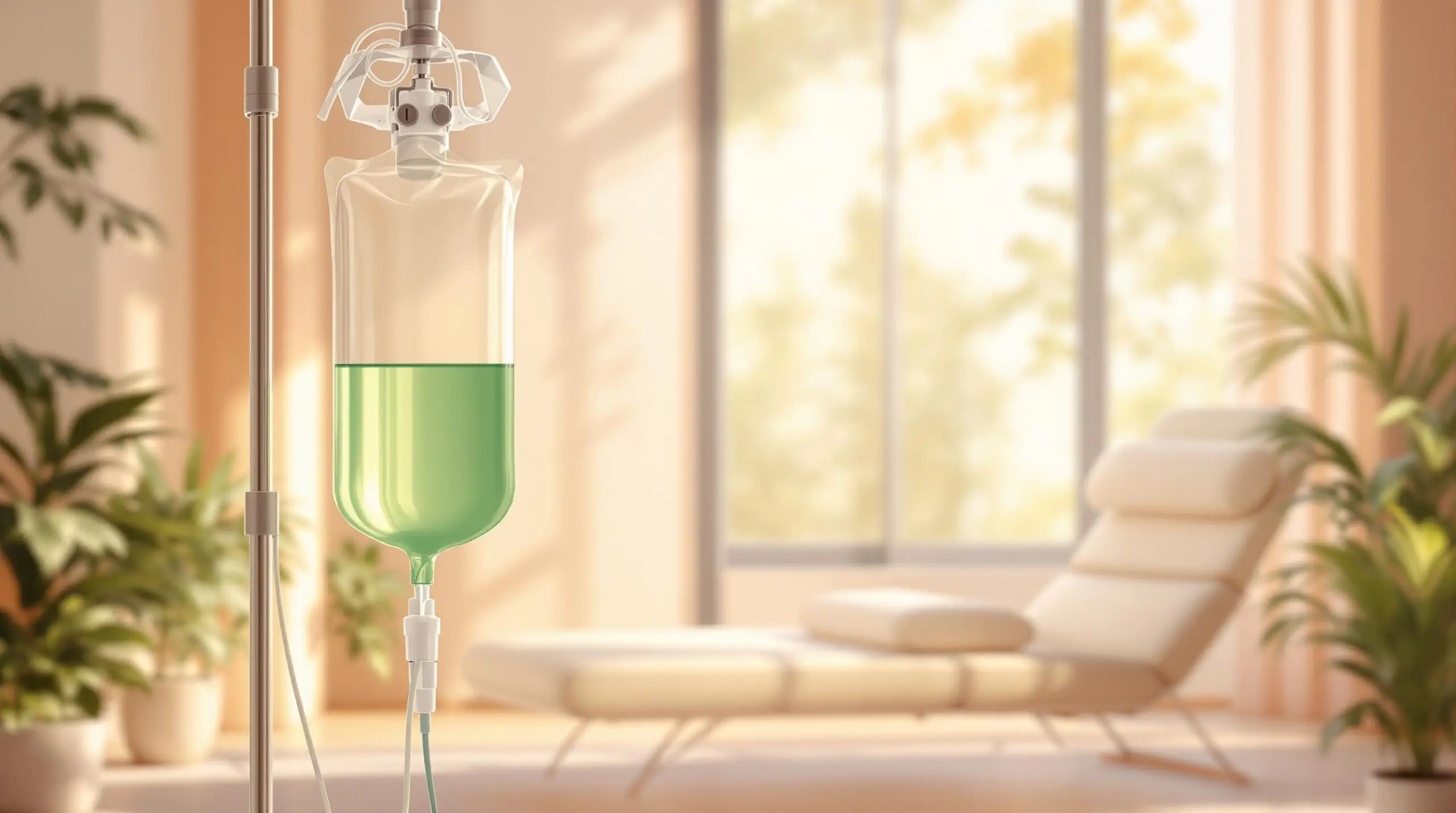An IV drip filled with green liquid, designed for L-theanine IV drips for anxiety relief, is set up in a bright room with a lounge chair and large windows in the background.