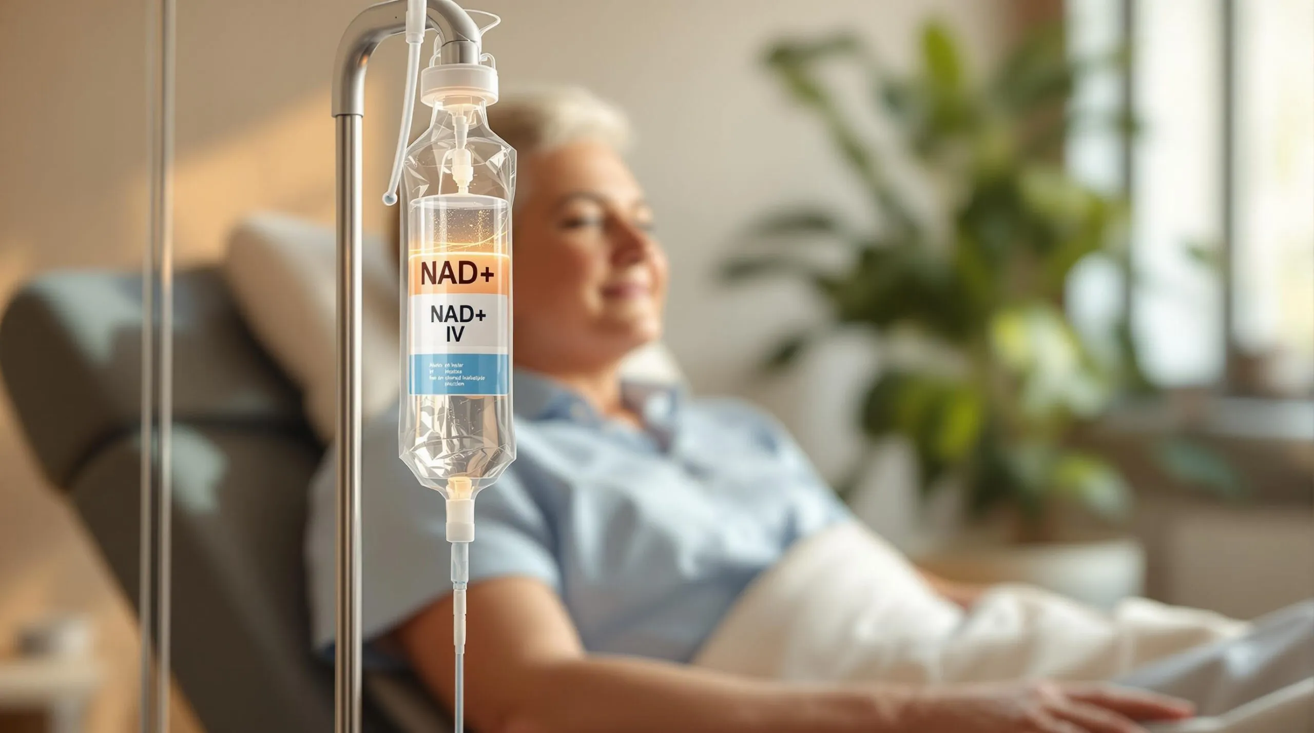 A woman reclines on a chair in a well-lit room whilst receiving an NAD+ IV drip, illustrating how NAD+ IV Therapy for Chronic Fatigue Explained offers potential relief and renewed vitality.