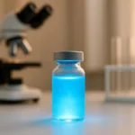 A small glass phial containing a glowing blue liquid, known for the benefits of Methylene Blue, sits on a lab table with a microscope and test tubes blurred in the background.