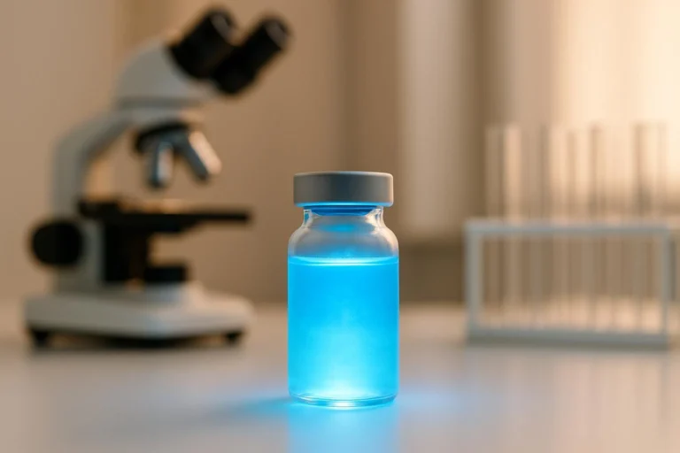 A small glass phial containing a glowing blue liquid, known for the benefits of Methylene Blue, sits on a lab table with a microscope and test tubes blurred in the background.