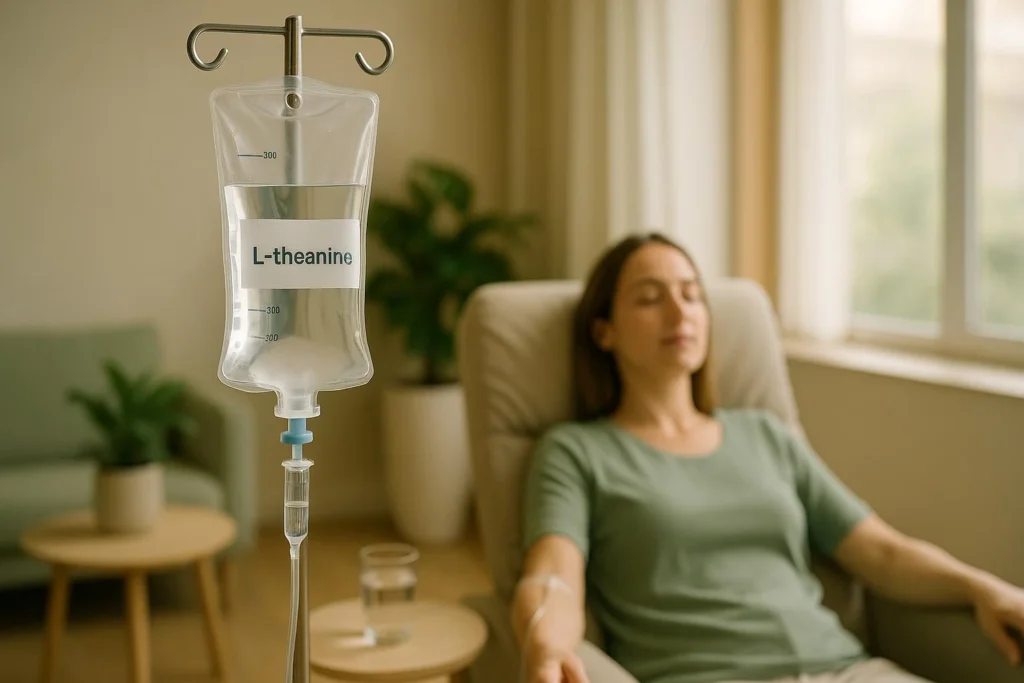 A woman sits in a recliner with an IV drip labelled L-theanine attached to her arm in a calm, sunlit room, highlighting the soothing benefits of L-theanine IV drips for sleep and weight loss.