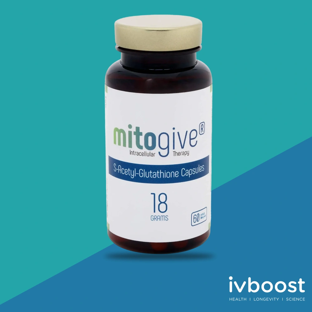 A bottle of MitoGive S-Acetyl-Glutathione Capsules, 18 grams, 60 capsules, on a blue background with the ivboost logo in the corner.