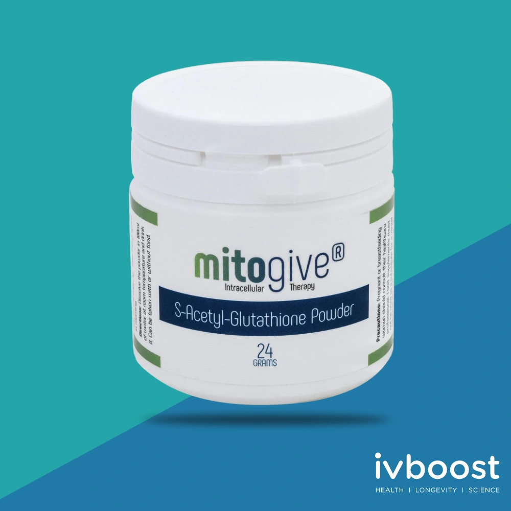 A white container labelled mitogive S-Acetyl-Glutathione Powder 24 grams is shown against a blue background with the ivboost logo at the bottom right.