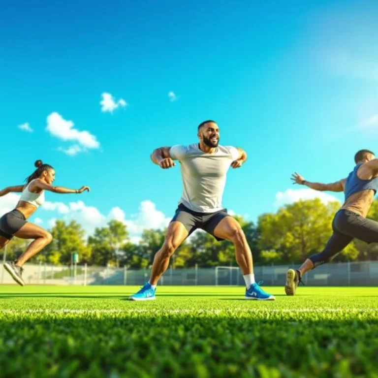 Three people exercise outdoors on a sunny day, performing dynamic movement drills on a grassy field with trees and blue sky in the background, highlighting the potential benefits of glutathione for athletic performance.