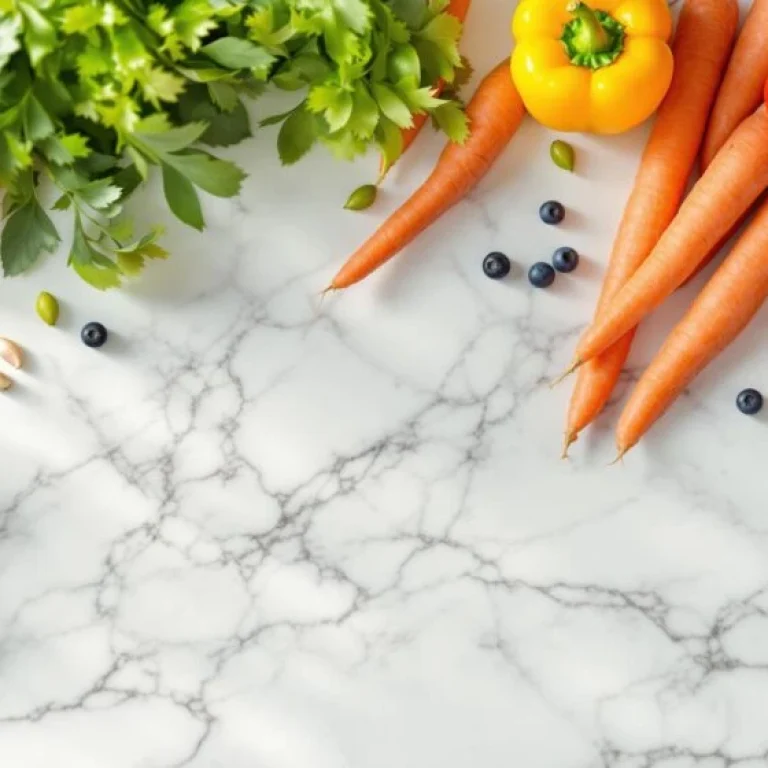 Assorted fresh vegetables and fruit, rich in essential vitamins for boosting your immune system, including carrots, peppers, leafy greens, oranges, kiwi fruit, and blueberries, arranged on a white marble surface.