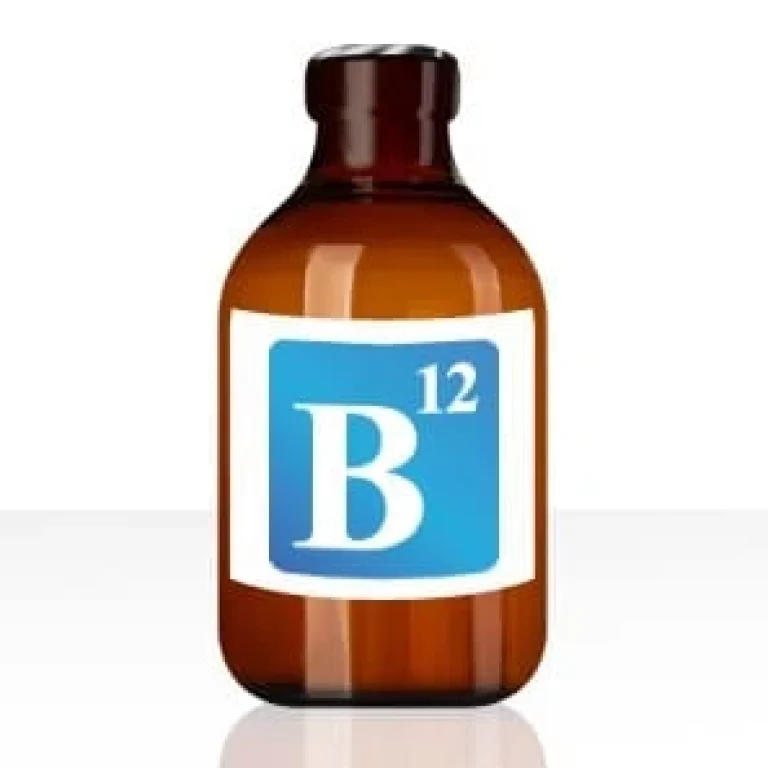Brown glass bottle with a blue and white label displaying the letter “B” and the number “12”, indicating a B12 Vitamin supplement, perfect for those seeking an easy alternative to a Vitamin Jab.