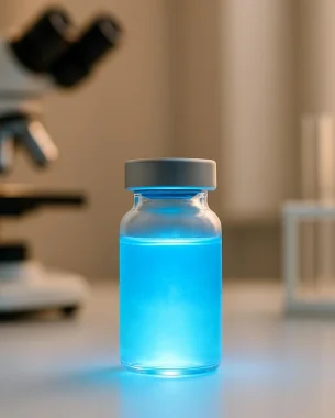 A small glass phial containing a glowing blue liquid, known for the benefits of Methylene Blue, sits on a lab table with a microscope and test tubes blurred in the background. A small glass phial containing a glowing blue liquid, known for the benefits of Methylene Blue, sits on a lab table with a microscope and test tubes blurred in the background.