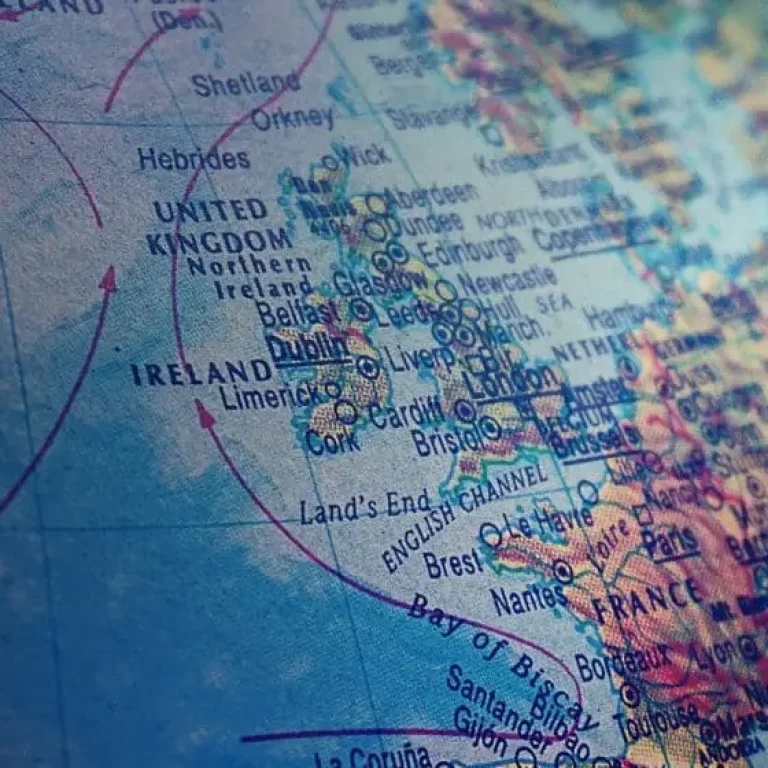 Close-up of a map focused on Britain, Ireland, and parts of France and surrounding regions, with country and city names clearly visible.