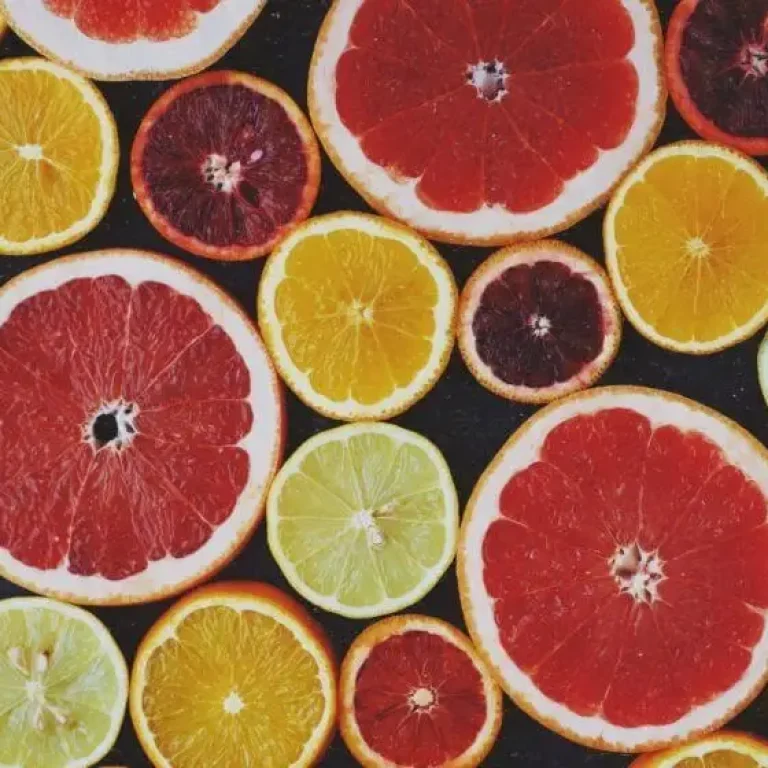 Assorted citrus fruit slices, including grapefruits, oranges, lemons, and blood oranges, arranged in a flat lay pattern on a dark background, showcasing natural Vitamin C benefits often found in Liposomal Vitamin C supplements.
