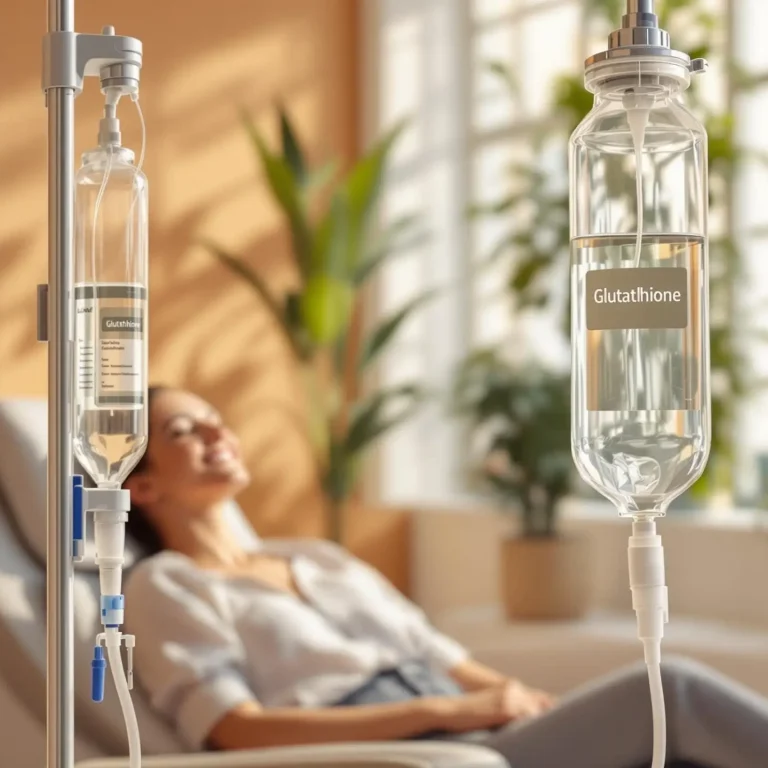 Woman sitting in a bright room receiving Glutathione Drips, with IV bags and medical equipment visible in the foreground.