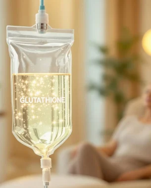 A close-up of a clear IV bag labelled Glutathione with a glowing solution, highlighting the process of Glutathione IV: Before and After, with a person sitting blurred in the background. A close-up of a clear IV bag labelled Glutathione with a glowing solution, highlighting the process of Glutathione IV: Before and After, with a person sitting blurred in the background.