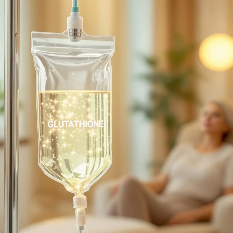 A close-up of a clear IV bag labelled Glutathione with a glowing solution, highlighting the process of Glutathione IV: Before and After, with a person sitting blurred in the background.