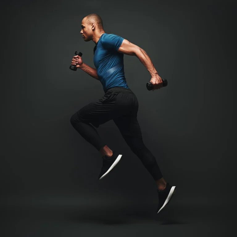 Man in athletic wear runs on the spot while holding a dumbbell in each hand against a dark background, embodying peak fitness—discover how IV Therapy can help you perform like an athlete and reach your own health goals.