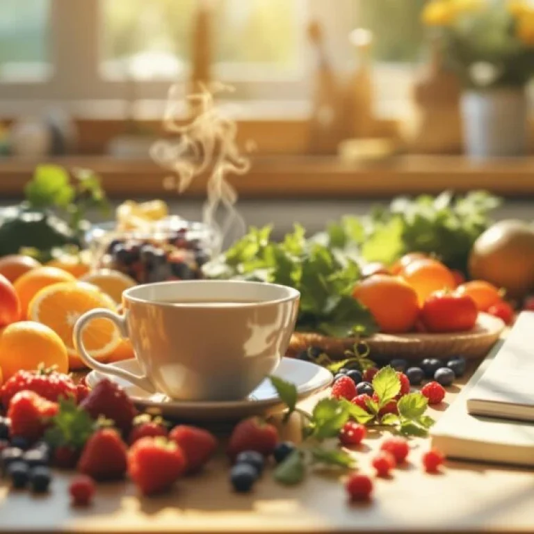 A steaming cup of tea sits on a table surrounded by assorted fresh fruits, leafy greens, and a notebook labelled wellness tea tips—perfect for those looking to increase energy levels naturally in a sunlit kitchen.