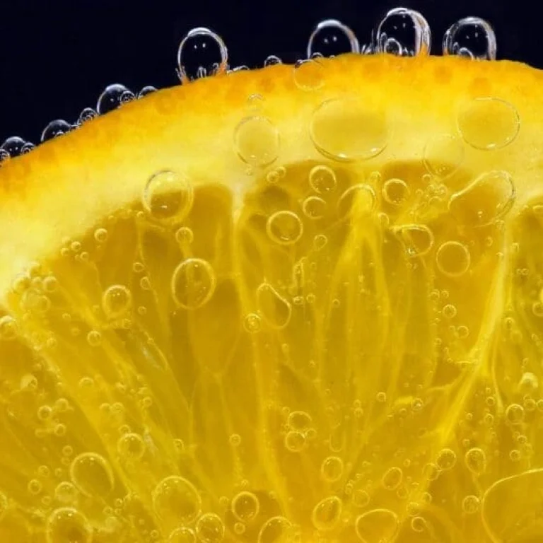 Close-up of a lemon slice with bubbles clinging to its surface against a black background, highlighting the vitamin C benefits found in citrus fruit.