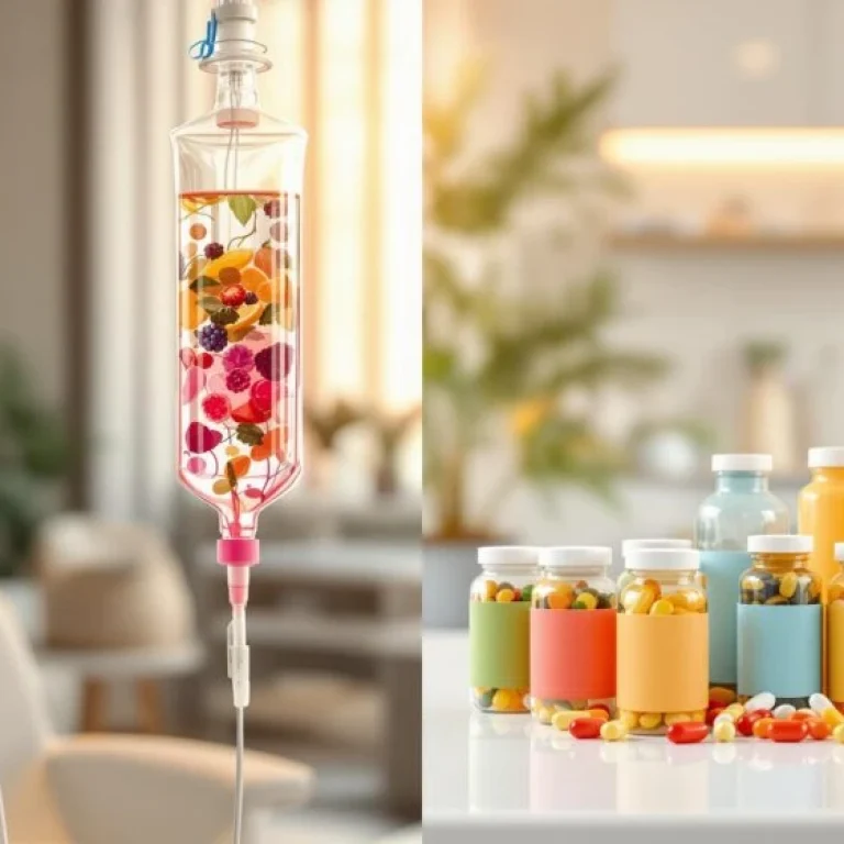 An IV bag filled with colourful fruit and vegetables is shown on the left, while assorted bottles of pills and supplements are arranged on a table on the right, illustrating IV Therapy vs Oral Supplements: Which Works Better.