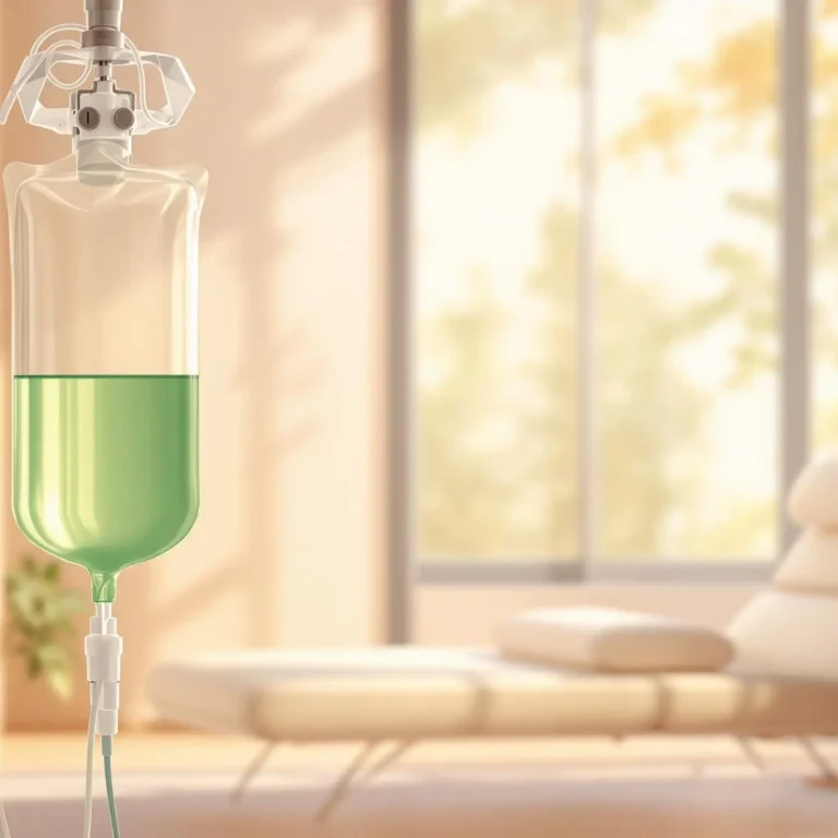 An IV drip filled with green liquid, designed for L-theanine IV drips for anxiety relief, is set up in a bright room with a lounge chair and large windows in the background.