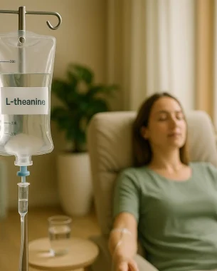 A woman sits in a recliner with an IV drip labelled L-theanine attached to her arm in a calm, sunlit room, highlighting the soothing benefits of L-theanine IV drips for sleep and weight loss.