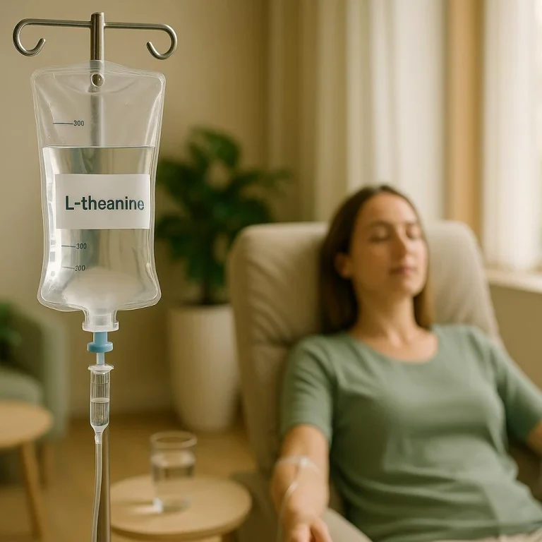 A woman sits in a recliner with an IV drip labelled L-theanine attached to her arm in a calm, sunlit room, highlighting the soothing benefits of L-theanine IV drips for sleep and weight loss.