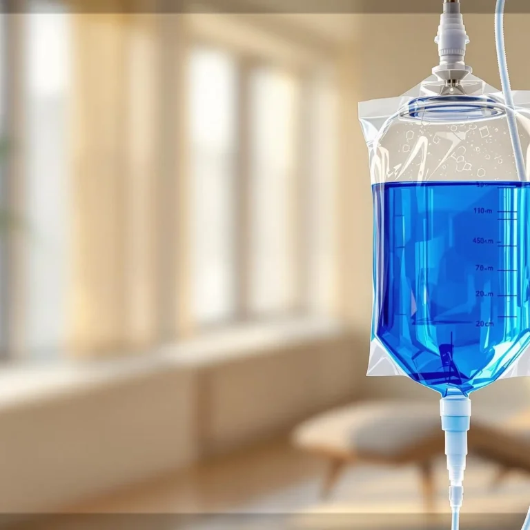 A transparent IV bag filled with blue liquid, showcasing Methylene Blue IV Drips – Benefits, hangs on a metal stand in a room with a blurred sofa and large windows in the background.