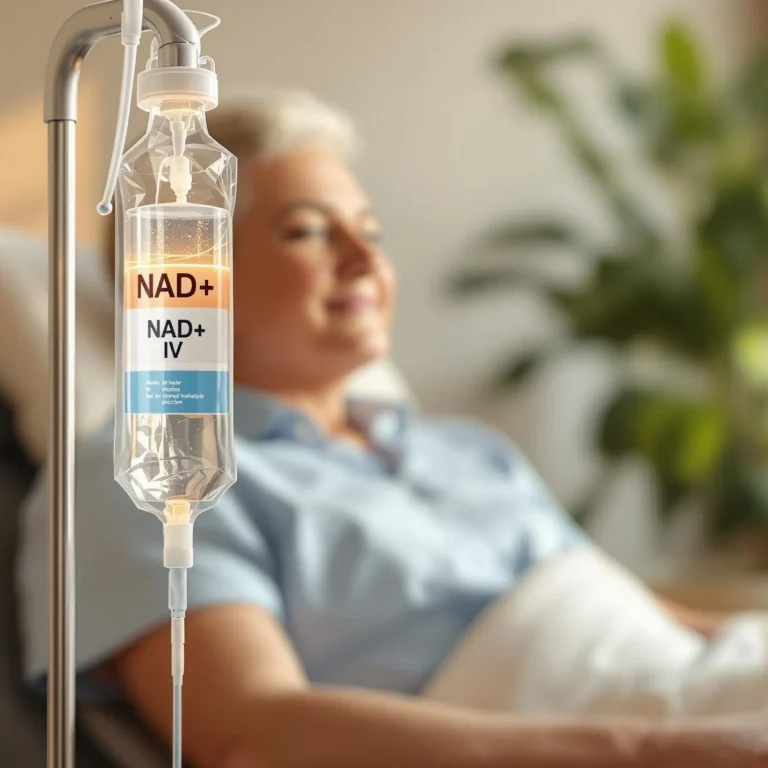 A woman reclines on a chair in a well-lit room whilst receiving an NAD+ IV drip, illustrating how NAD+ IV Therapy for Chronic Fatigue Explained offers potential relief and renewed vitality.