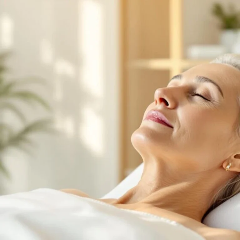 A woman with fair hair lies on her back with eyes closed, appearing relaxed, covered with a white sheet in a bright indoor setting with plants in the background, enjoying the calming effects of ozone therapy benefits.
