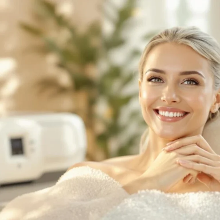 A woman with blonde hair smiles whilst sitting in a spa or clinic setting, wrapped in a towel, with blurred equipment and plants in the background—exploring Ozone Therapy for Anti-Ageing: What to Know.