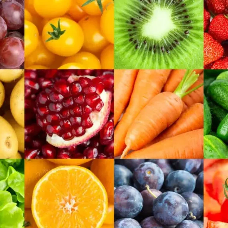 A grid of twelve squares, each showing a different fruit or vegetable—like grapes, tomatoes, kiwi, and carrots—highlighting the benefits these foods offer for maintaining a strong immune system.