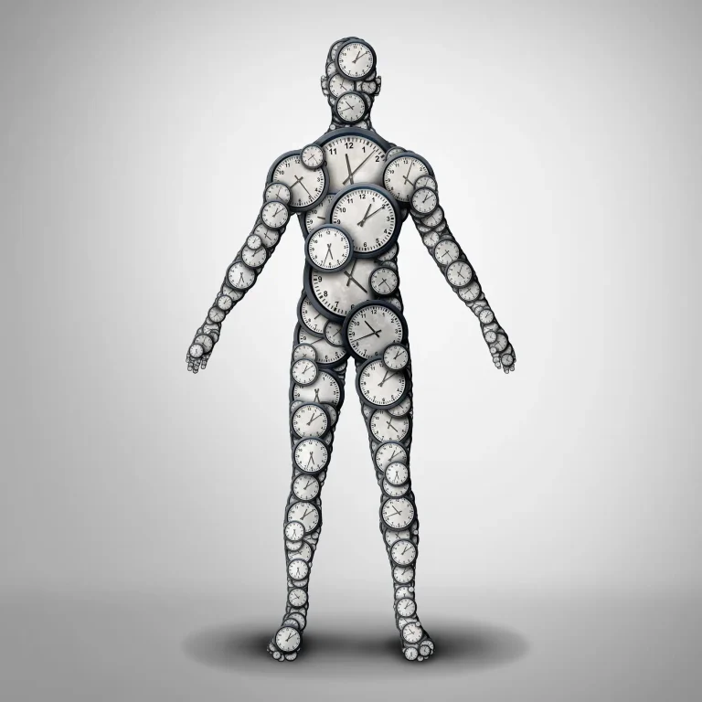 A human silhouette covered in variously sized clock faces, all showing different times, on a plain grey background—an artistic nod to The Secret to Anti-Ageing: How IV Drip Therapy Helps Slow Down the Clock.