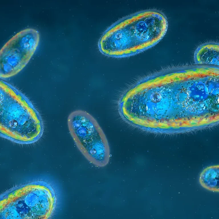 Digital illustration showing several single-celled microorganisms, likely paramecia, floating in a blue liquid environment—evoking themes of parasite cleansing and ways to reclaim your health.