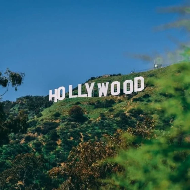 The Hollywood sign on a green hillside in Los Angeles, with blue sky and trees in the foreground—a landmark often visited by celebrities seeking wellness trends like IV vitamin drips.